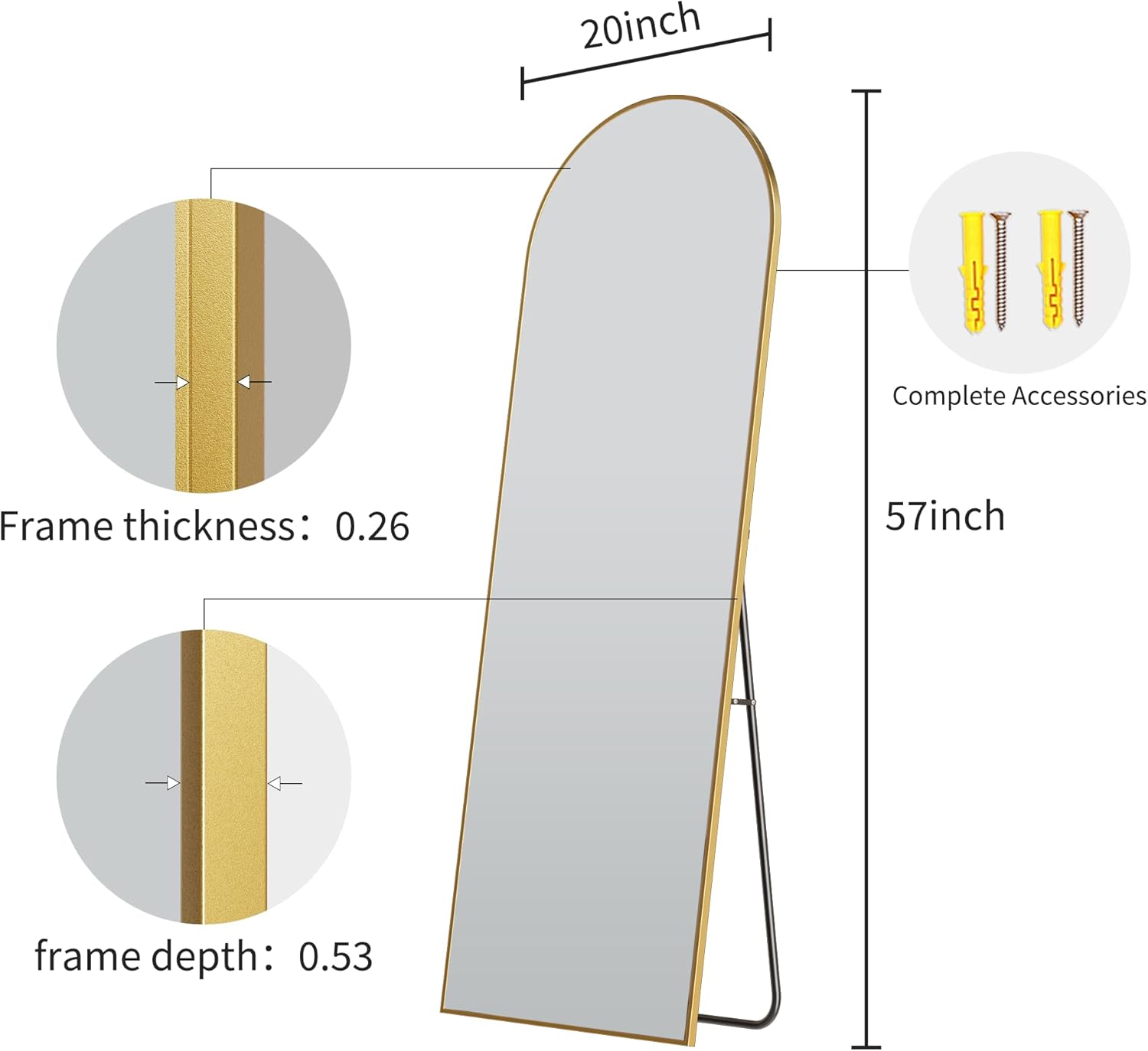 57" x 20" Arched Full Length Mirror - Wall Mounted/Floor Mirror Aluminum Alloy Frame Full Body Mirrors for Bathroom Living Room Bedroom and Entryway,Gold Gold 57"L x 20"W