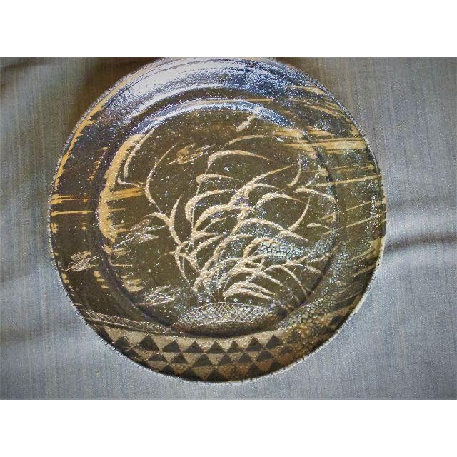 超希少作★吉田明★黒妻有草文【象嵌】大皿（３３ｃｍ）★共箱・布・栞 超希少作☆吉田明☆黒妻有草文【象嵌】大皿（33cm）☆