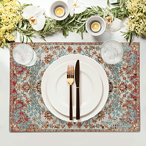 Image of Ethnic Boho Placemats Set of 6 Bohemian Carpet Vintage Black Coral Floral Linen Washable Kitchen Dining Table Mats Stain Heat-Resistant Desktop Decor Place Mats for Home Party Indoor 12x18 in
