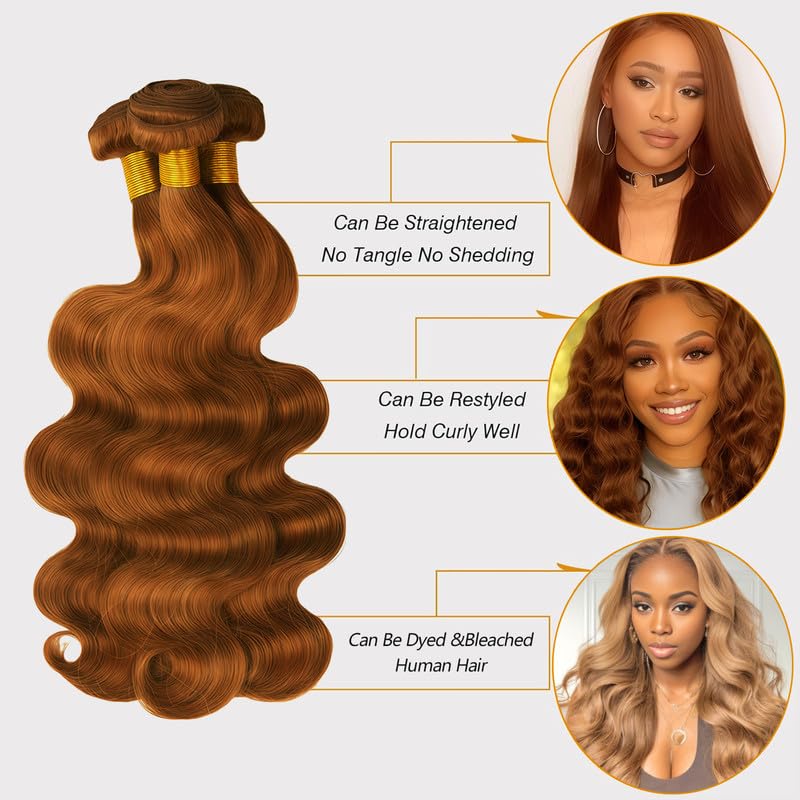 Light Brown 3 Bundles Human Hair Body Wave Color 30 Brazilian Virgin Hair Bundles 16 18 20 Inch Brown Body Wave Bundle Hair Extensions 300g