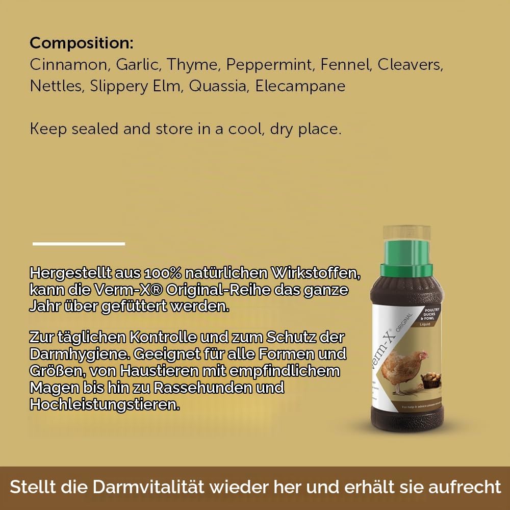 Verm-X Flüssig für Geflügel, 500 ml. Statt chemischer Wurmkur für Hühner, Gänse, Enten, usw. eine natürliche Kontrolle innerer Parasiten mit der bewährten Verm-X Kräuter-Rezeptur.