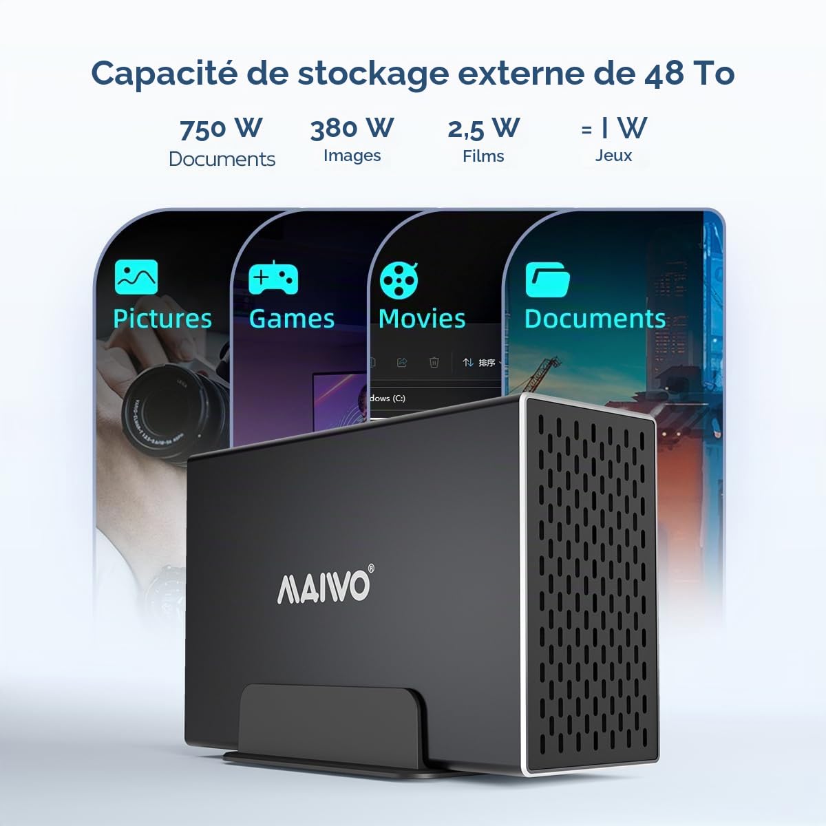 MAIWO Boîtier Raid à Double Baie avec Ventilateur de Refroidissement pour SSD SATA 2,5/3,5", boîtier USB 3.0 5 Gbit/s, capacité de 48 to, Raid 0/1/JBOD/PM, boîtier en Aluminium