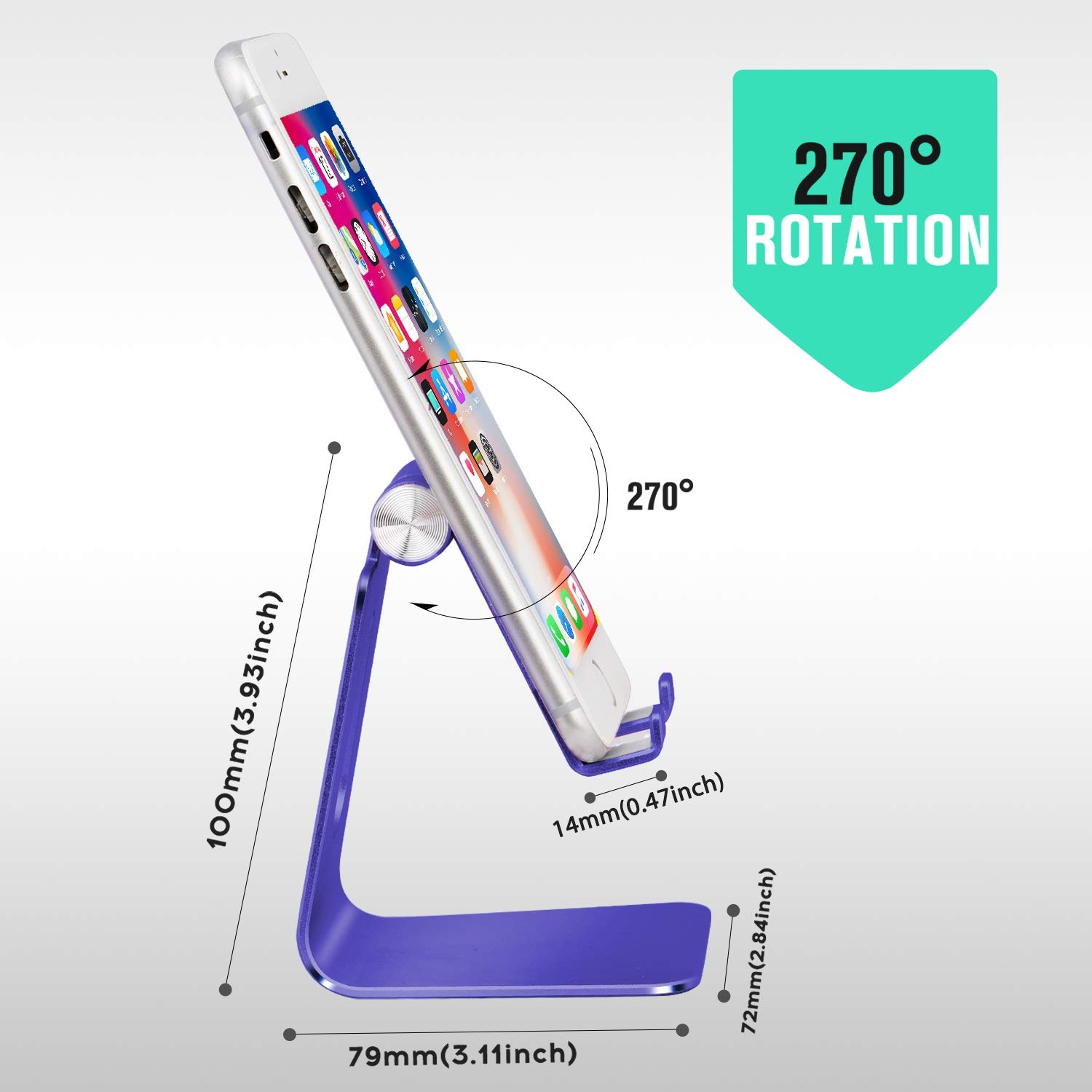 Soporte de teléfono celular, soporte de teléfono, soporte de tableta, soporte de escritorio de aluminio, compatible con todos los teléfonos inteligentes y tabletas de menos de 10 pulgadas.