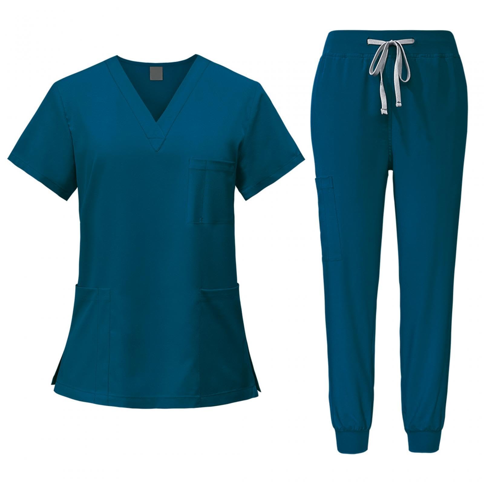 LOVIVER Female Scrub Set Nurse Workwear V Neckline Professional Machine Washable Top and Joggers Pant Work Clothing for Beauty Center, Blue, XL
