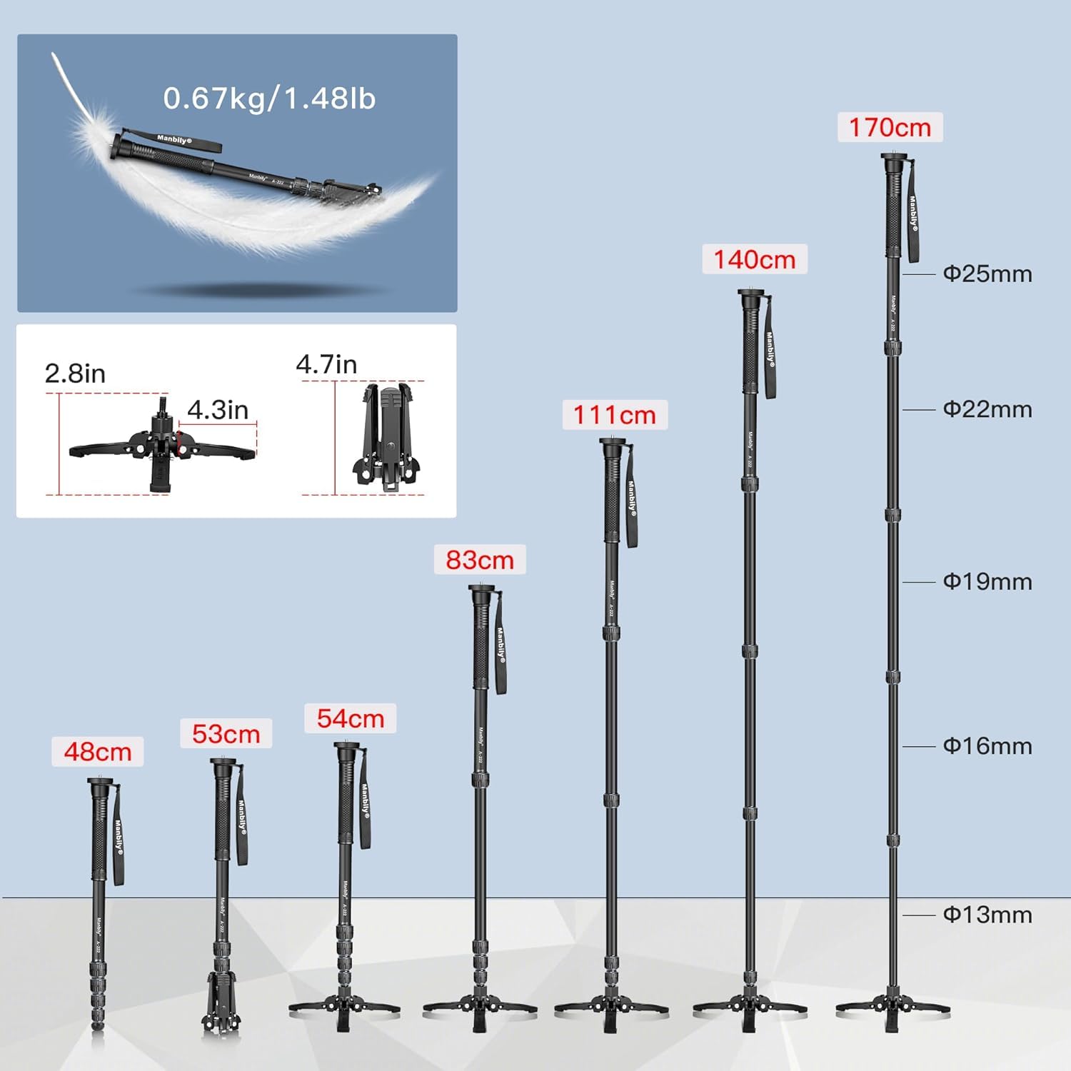 Manbily A-222 Monopode pour appareils photo avec pieds, 5 sections, 170 cm, charge maximale 7 kg, monopode extensible portable en aluminium pour caméscope vidéo DSLR Canon, Nikon, Sony (gris)