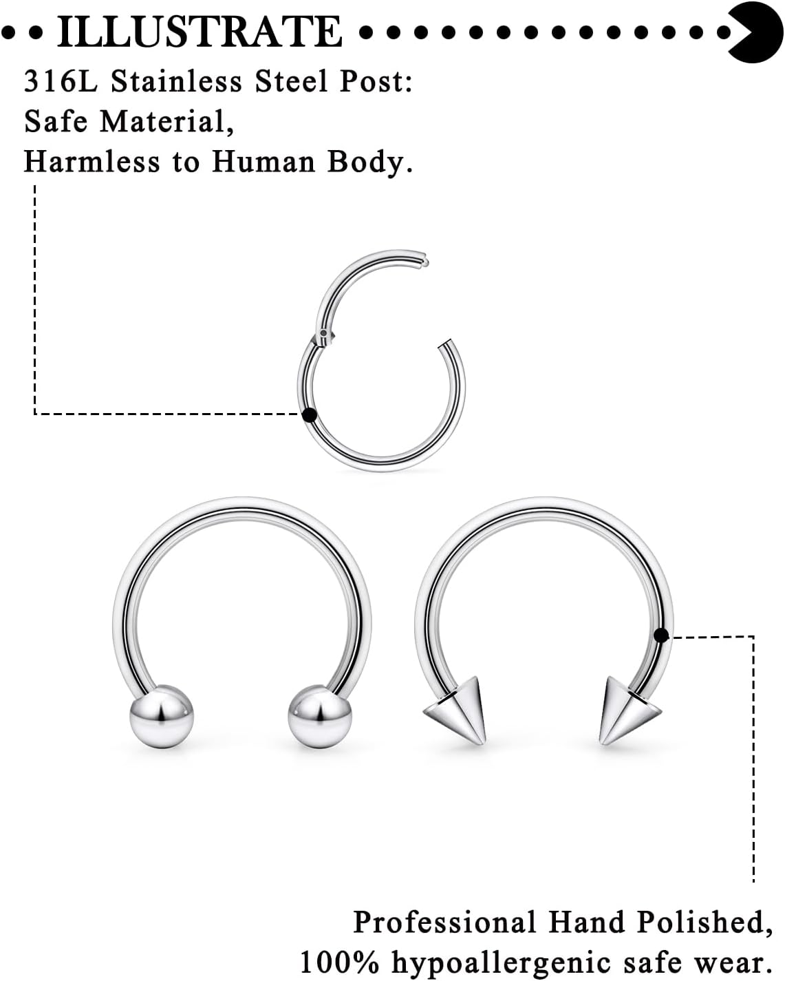 Hoeudjo Stainless Steel Hinged Clicker Segment Septum Rings 16G Horseshoe Hoop Ring Lip Rings Hoop Cartilage Tragus Daith Helix Sleeper Earrings Body Piercing Jewelry Ring Size 6/8/10/12mm - Image 3