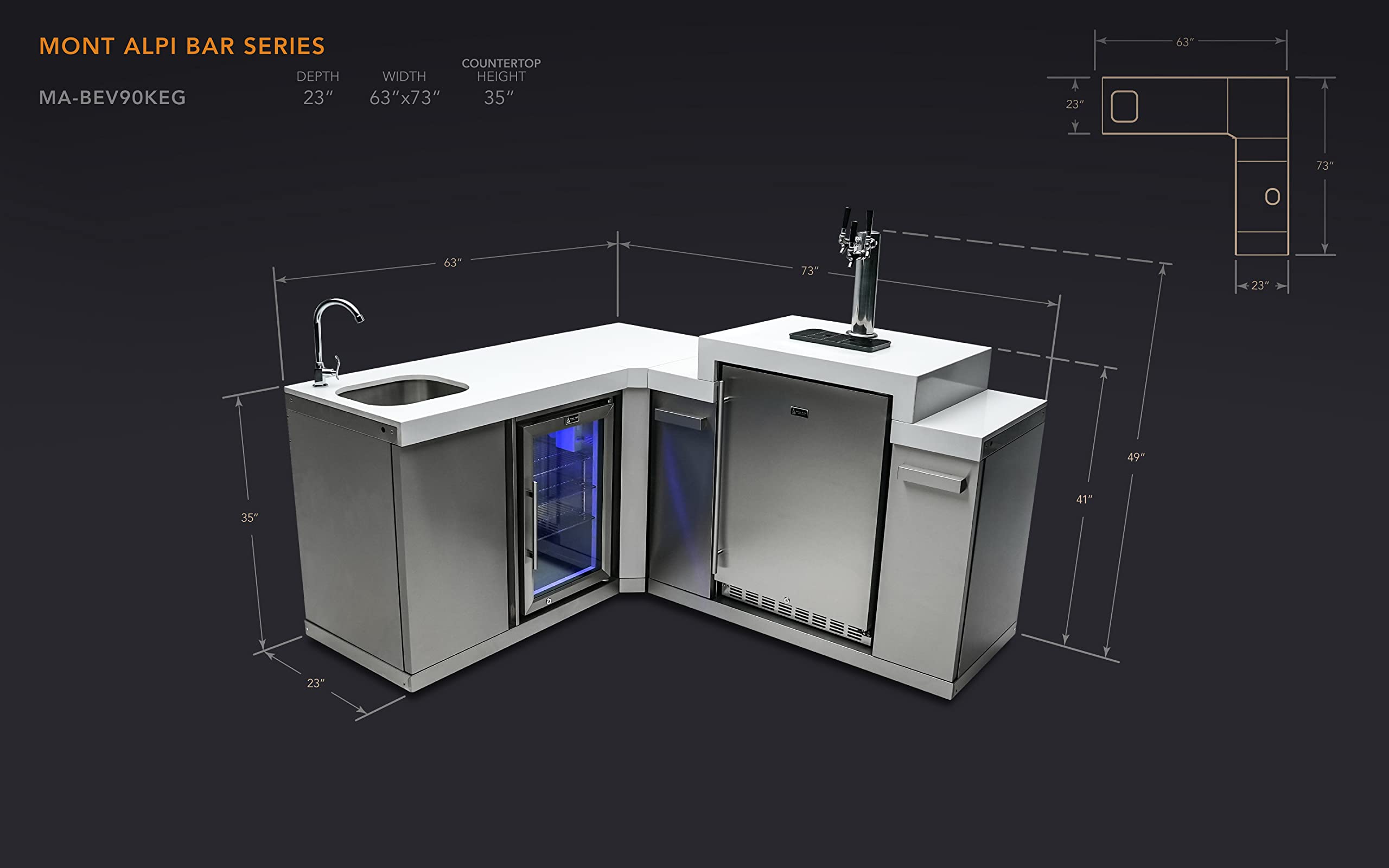 Mont Alpi Bar Series MA-BEV90KEG 90 Degree Stainless Steel Outdoor Rated 3 Beer Tap Kegerator Keg Dispenser + Wine Cooler Beverage Center Refrigerator + Granite Countertops + Faucet & Sink on Fridge.com