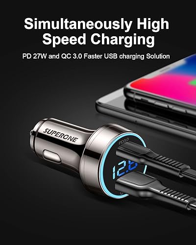 Miniatura 7 de [Cobre puro] Cargador de coche USB C, adaptador de cargador de coche USB dual SUPERONE de 45 W con puerto PD de 27 W/20 W, voltímetro LED QC3.0