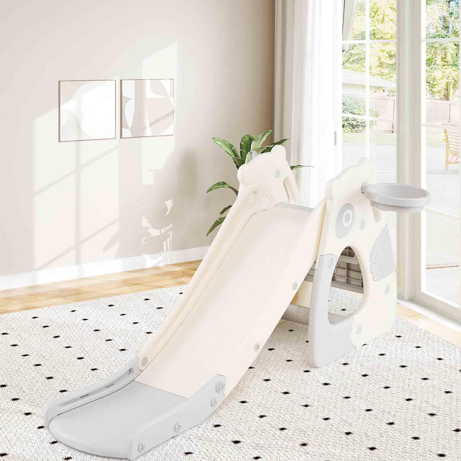HOMASIS 4 in 1 Scivolo per Bambini con Canestro da Basket, Pallina, Anelli, Scivolo Pieghevole per Bambini, Gioco da Arrampicata per Interni ed Esterni per 3+ Anni (Grigio, Panda, 148 x 71 x 67 cm)