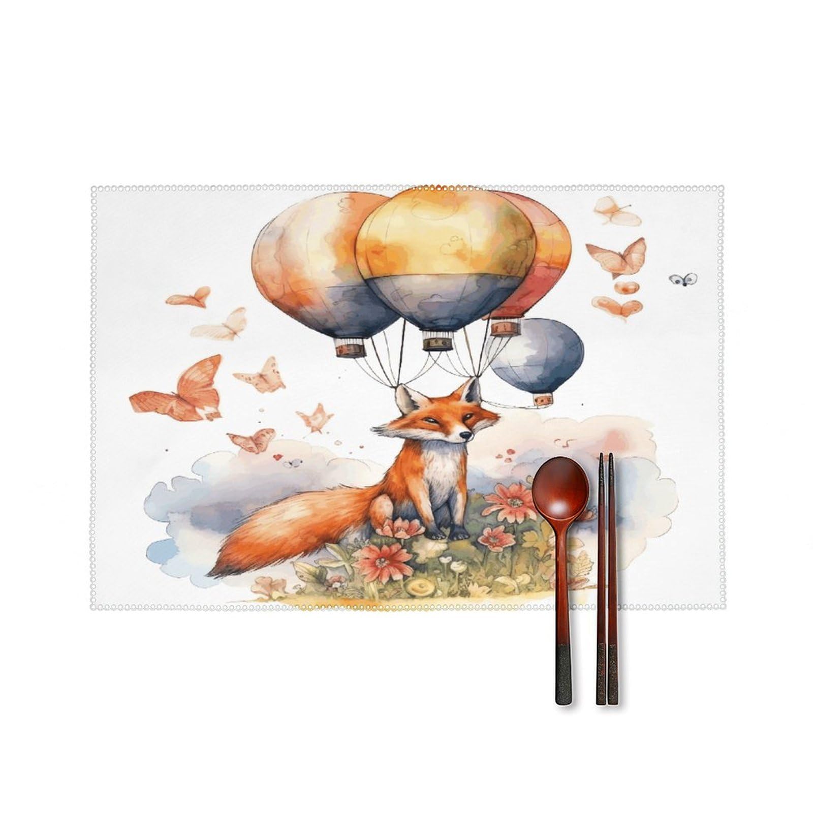 Fekiloot Style Fox And Hot Air Balloon Placemats Set Of 6,Table Mat