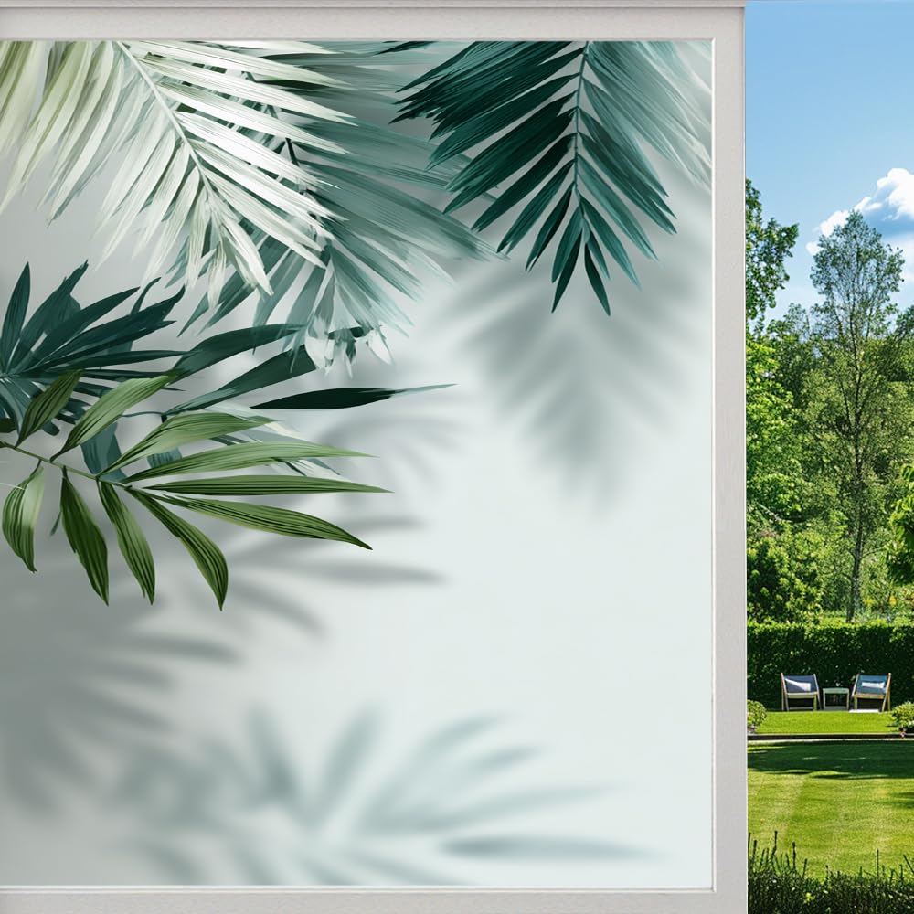 Fresh Palm Leaves Frosted Window Film, Tropical Green Plant Stained Glass Privacy Film, Heat Insulation Self-Adhesive Vinyl for Bathroom Office, （50x80cm）