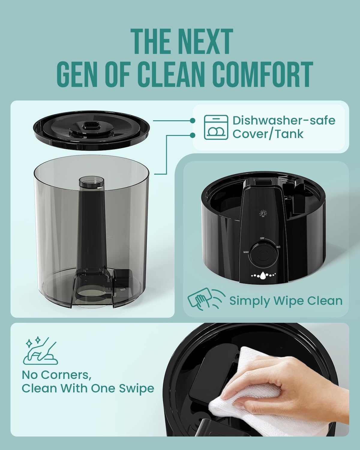 Humidifiers for Bedroom,1.06Gal(4L) Dishwasher Safe Design Easy to Clean, 3-in-1 Humidifier & Aroma Diffuser & Night Light,Top Fill,360° Ultra-Fine Spray,Auto Shut-Off,Home,Baby Nursery,Black