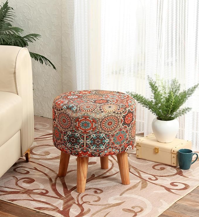 Image of NACIA Printed Ottoman Stools for Home Printed Ottoman Stool Set of 2 Bench for Living Room for Sitting Wooden Round Foot Rest Pouf for Home Decoration Pouffes for Dressing Table 16 inchx18 inch Octa