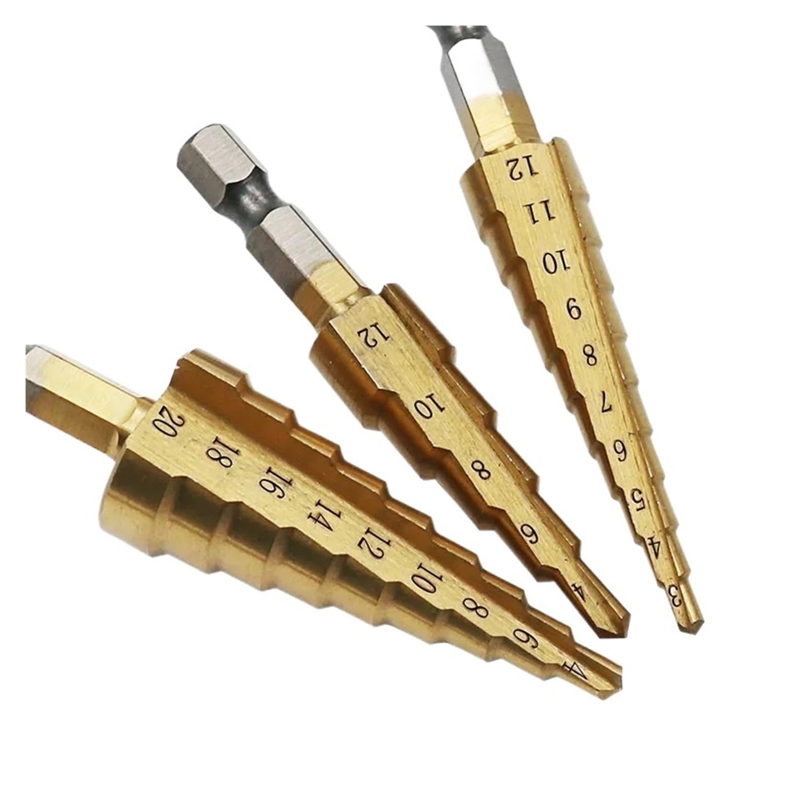 Foret hélicoïdal, 3 forets étagés droits de 12 mm, 12 mm, 20 mm.