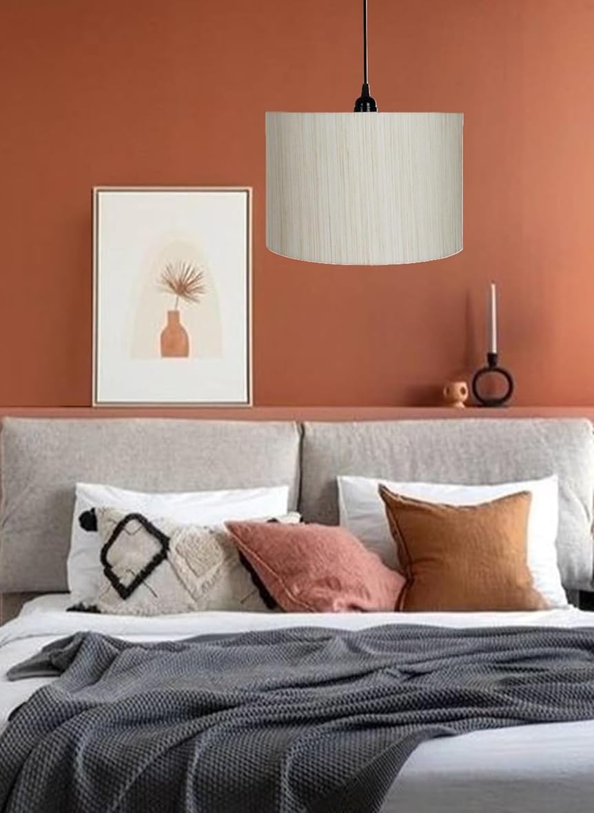 12" Inches Cream Texture, Hanging Drum Lamp Shade, Decorative Light Lamp for Living Room, Home, Bedroom, Home Décor Lightning/Black Canopy-picture-31