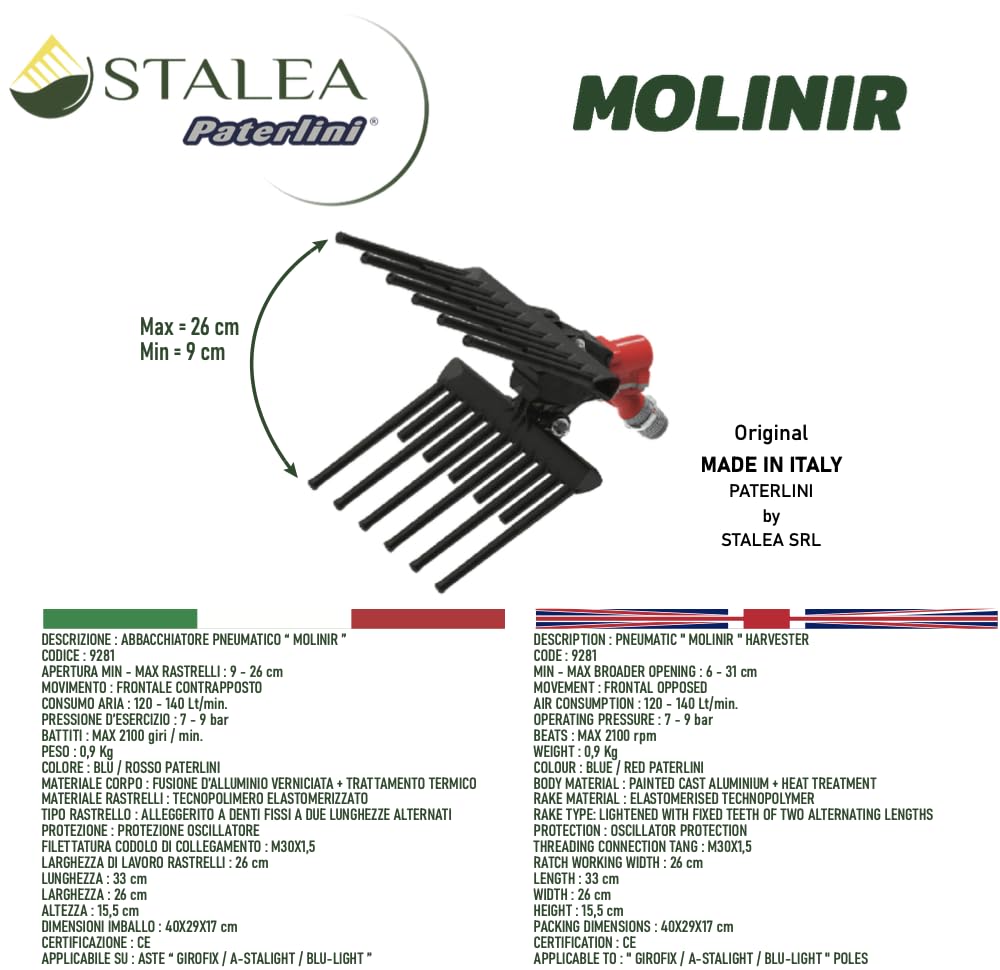 PATERLINI MOLINIR - Abbacchiatore Pneumatico Professionale per Raccolta Olive, Made in Italy - Scuotitore Raccogliolive ad Aria Compressa, Leggero e Potente