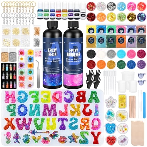 Image of KISREL Epoxy Resin kit -18oz Clear Epoxy Resin with Silicone Alphabet Resin molds and Jewelry Making Kits, 2 Part Epoxy and Hardener for Casting Coating, Keychains, DIY Craft Decorations