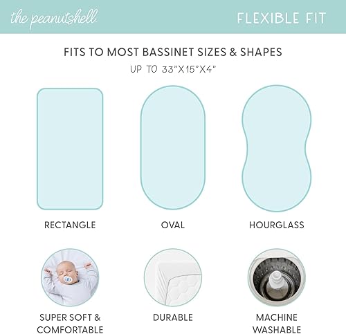 Miniatura 2 de The Peanutshell Juego de sábanas ajustables para moisés, ajuste universal para colchones ovalados, rectangulares, de reloj de arena, animales de