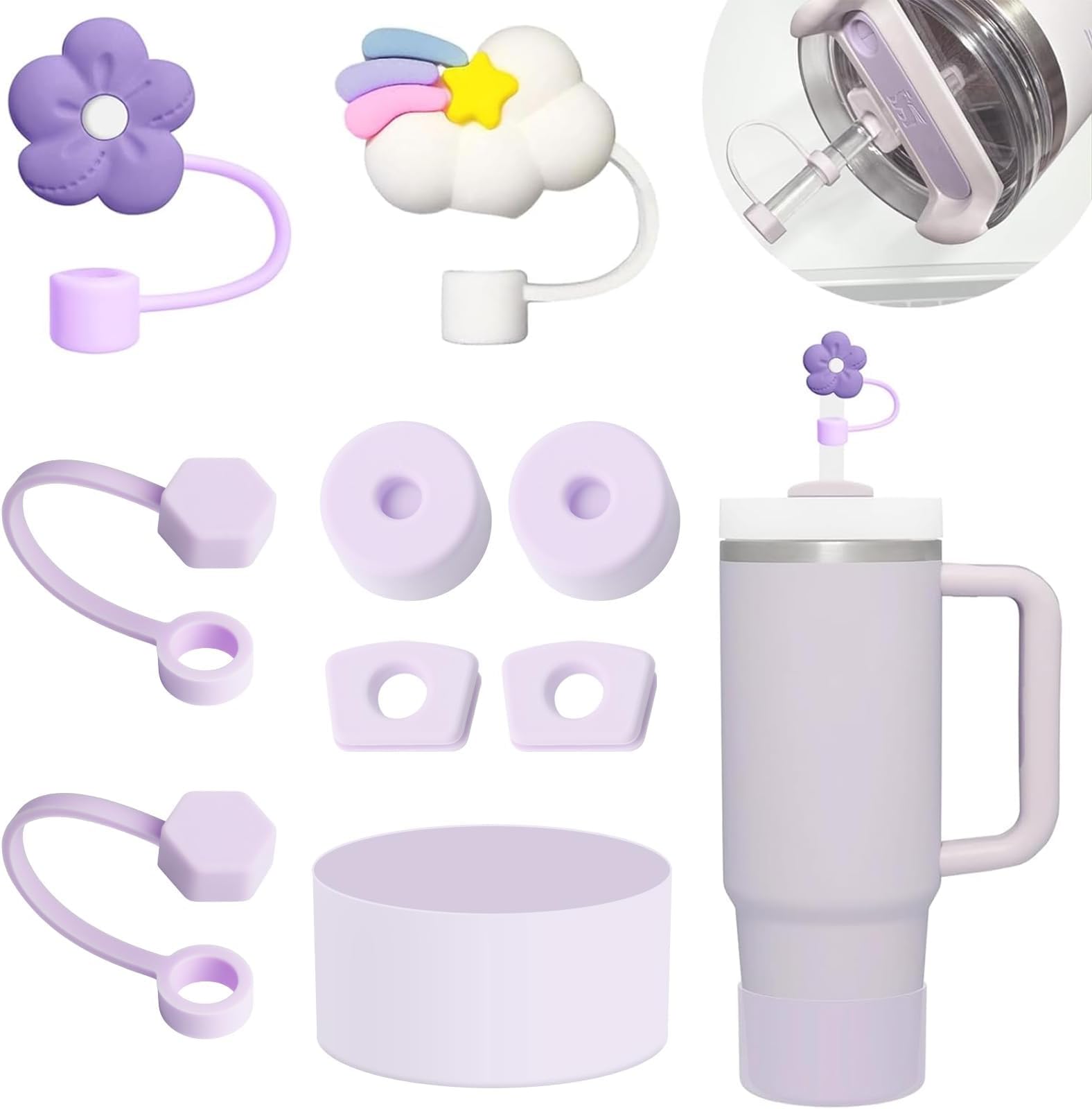 9 Pcs Stanley Cup Accessories Set Including 4 Pcs Silicone Spill Proof Stopper, 4 Pcs Straw Cover Cap for 10 mm Straws, 1 Pcs Silicone Boot for Stanley Cup 40oz & 30oz Tumbler (Purple)