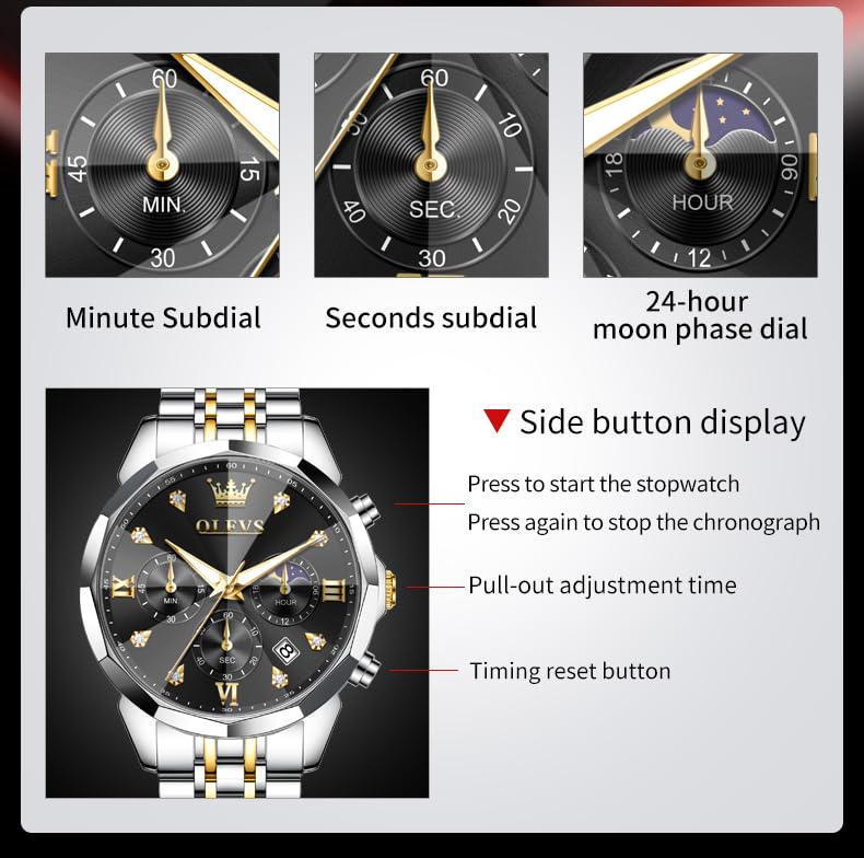 Image of OLEVS Watch for Men Luxury Gold Diamond Chronograph Business Wristwatch with Analog Quartz, Date Calendar, Stainless Steel Band, Luminous Hands, Waterproof