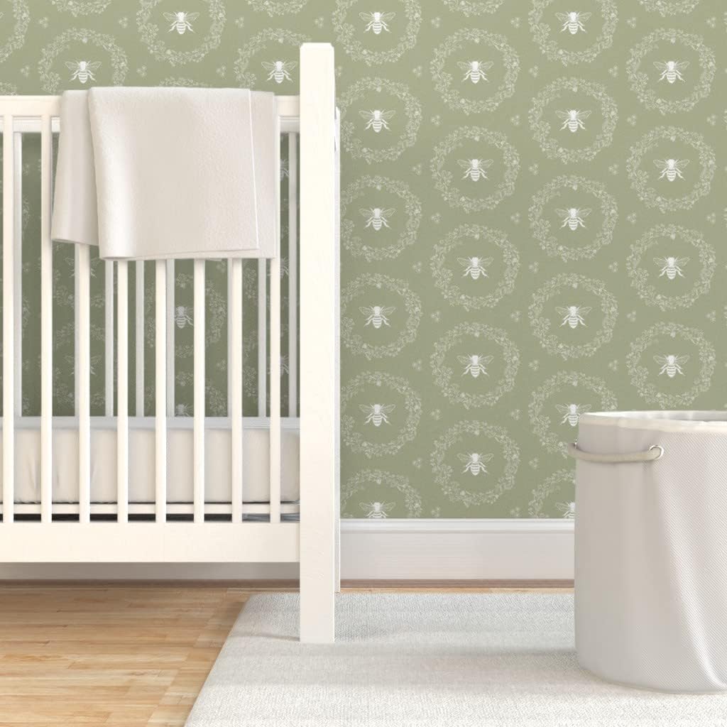 Spoonflower Peel & Stick Wallpaper Swatch - Honeybee Rustic Floral Country Nature Traditional Bee Cottage Farmhouse White On Sage Green Custom Removable Wallpaper