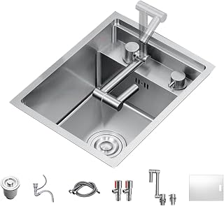 Single Bowl Stainless Steel Bar Invisible Sink Kitchen Concealed Single Bowl Sink Dish Basin Small Sink with Cover, Folding Tap