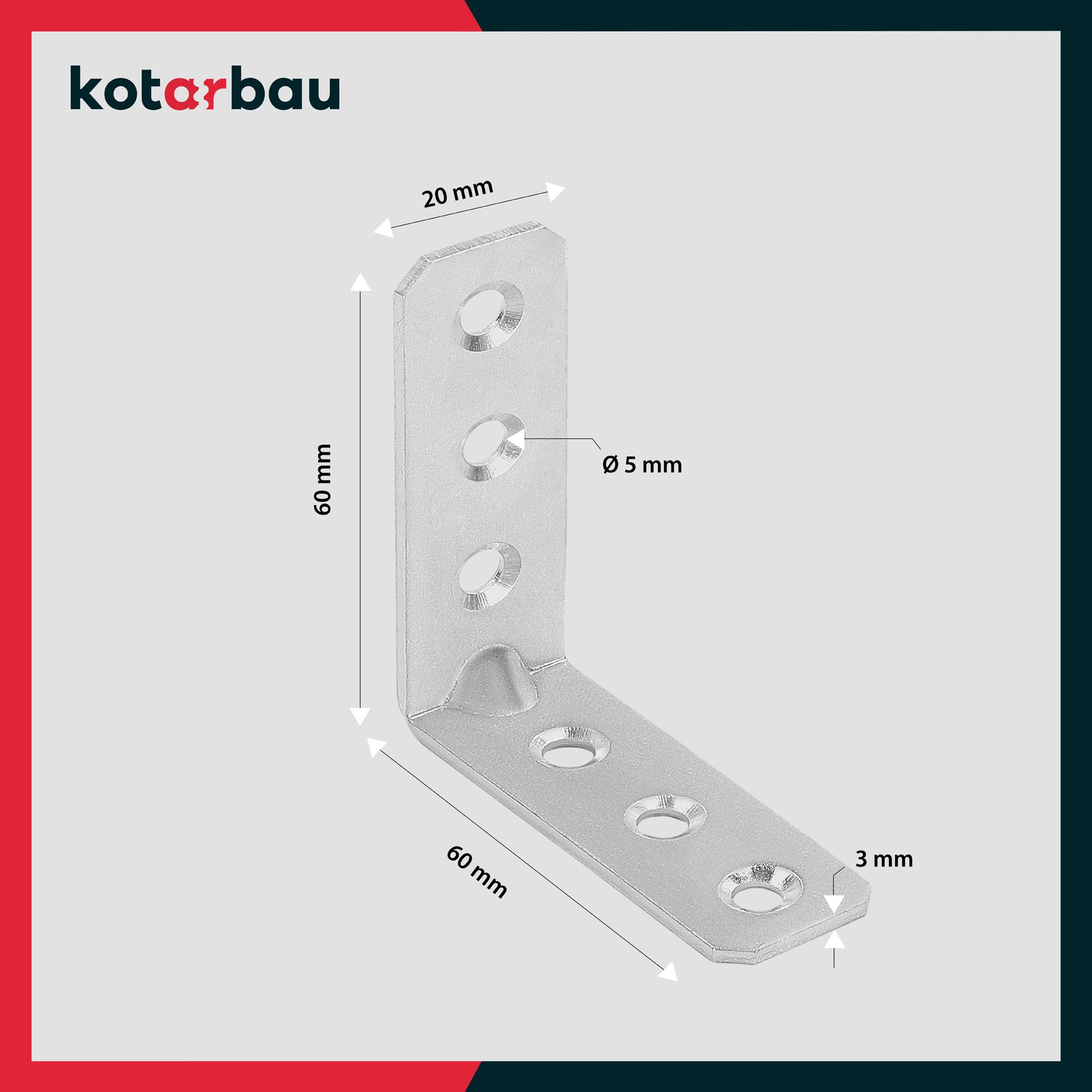 KOTARBAU® 100er Set Winkelverbinder 60 x 60 x 20 mm Sicke Stahl Bauwinkel Montagelöcher Möbelwinkel Verzinkt Schwerlast Holzverbinder Montagewinkel Stuhlwinkel