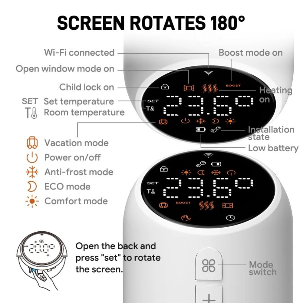 Valvola termostatica per termosifoni Smart TRV con WiFi, compatibile con app Tuya per Smart Life e per Alexa Voice Control, pianificazione a 6 periodi, blocco bambini, display girevole per