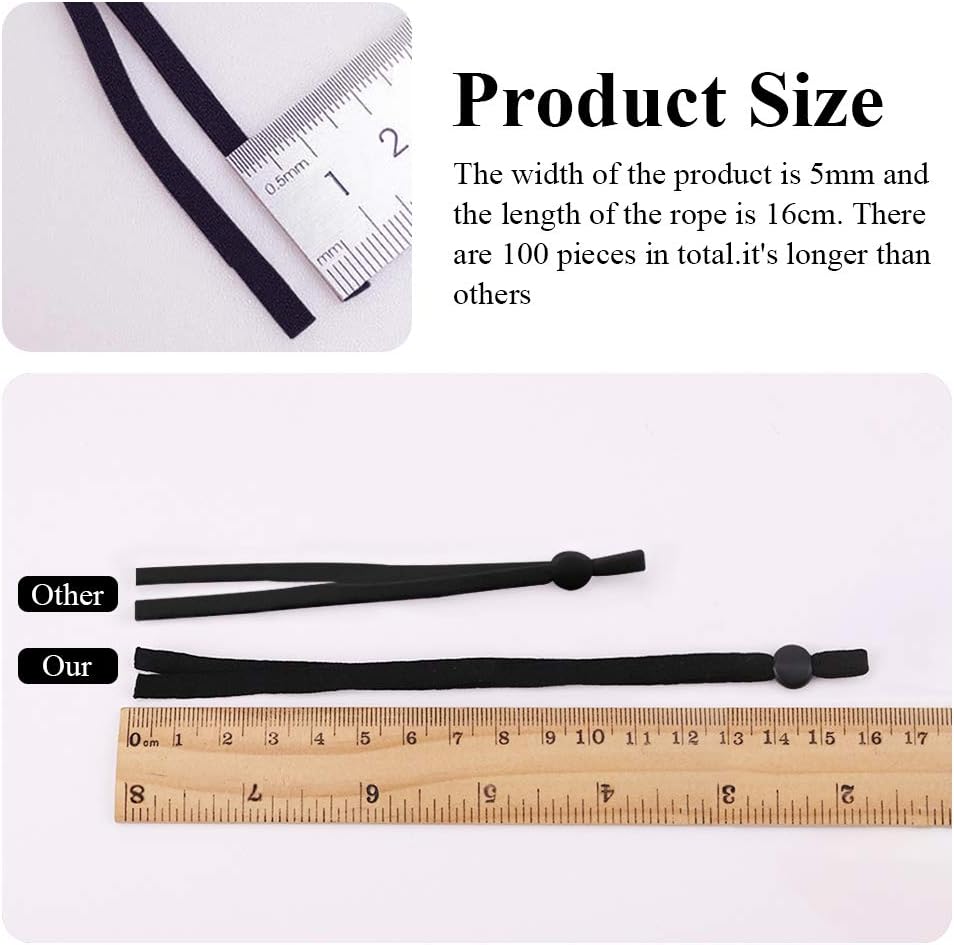 Elastic Band with Adjustable Buckle, 100 Pieces Elastic String Cord Earloop Lanyard Earmuff Rope for Sewing DIY Mask Craft Clothing, Black(Folded Length 16cm)