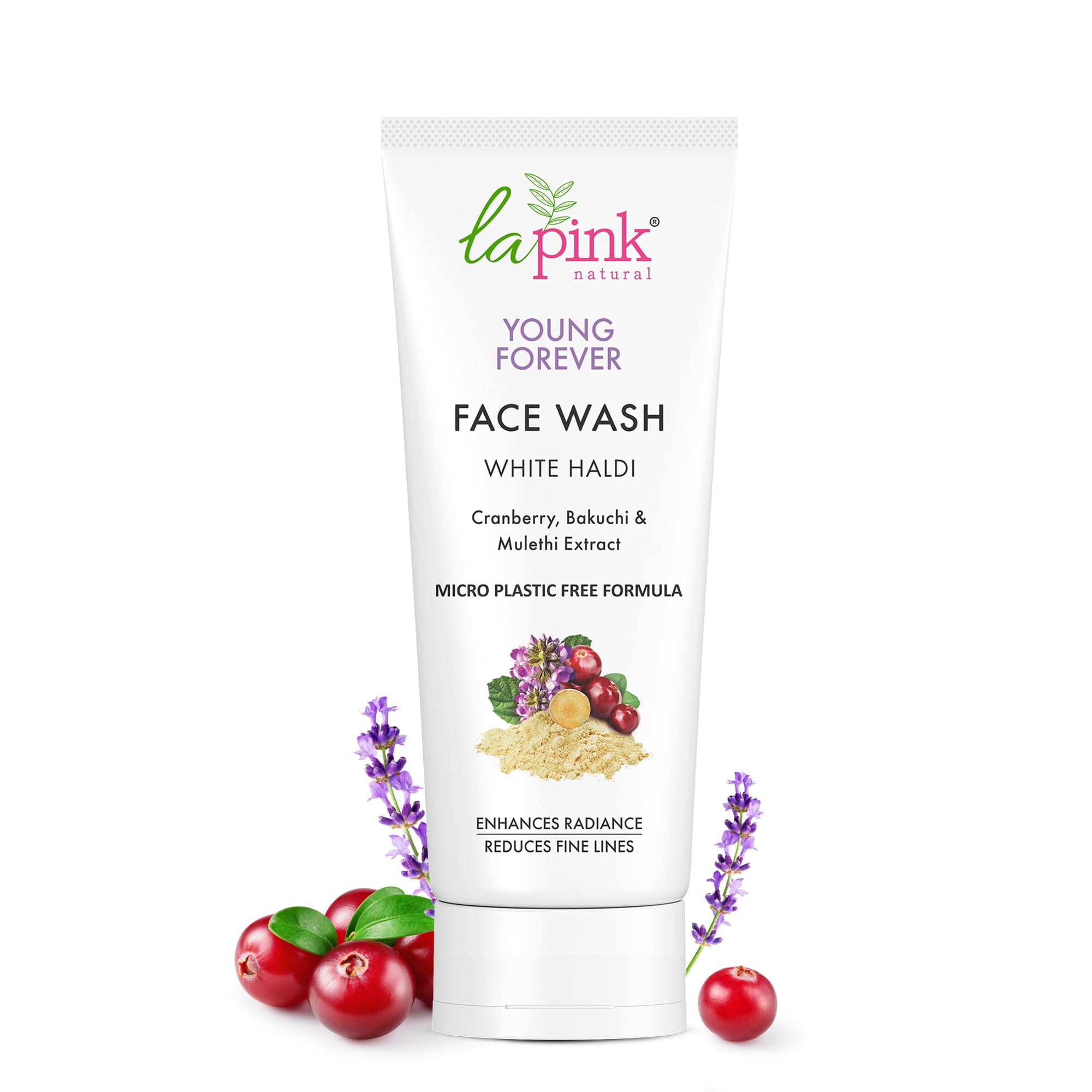 La Pink Young Forever White Haldi Face Wash | Deep Cleansing & Brightening | Anti-Aging & Pigmentation Control | With Cranberry, Bakuchi & Mulethi | Soothes & Protects Skin | 100% Microplastic-Free | All Skin Types | 100ml
