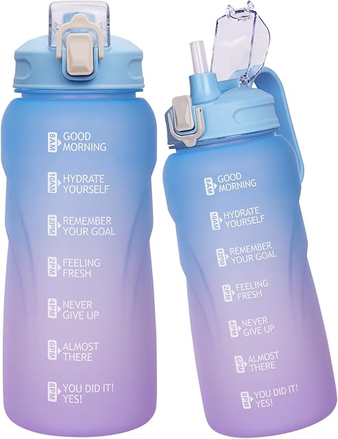 Justfwater 2L Sport Motivational Water Bottle with Straw BPA Free Drinking Bottle 2 Litre with Time Marker for Fitness Gym (Blue Violet)