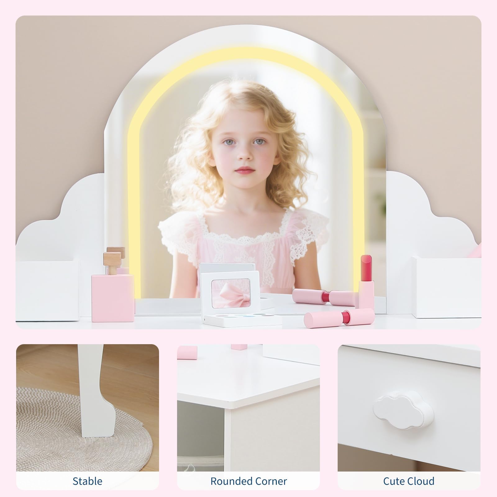 Tocador de Maquillaje Niña 2 en 1 con Luz y Espejo, Tocador Infantil con Luces LED Ajustables, Tocador Niña Madera con Taburete, Cajones y Estantes