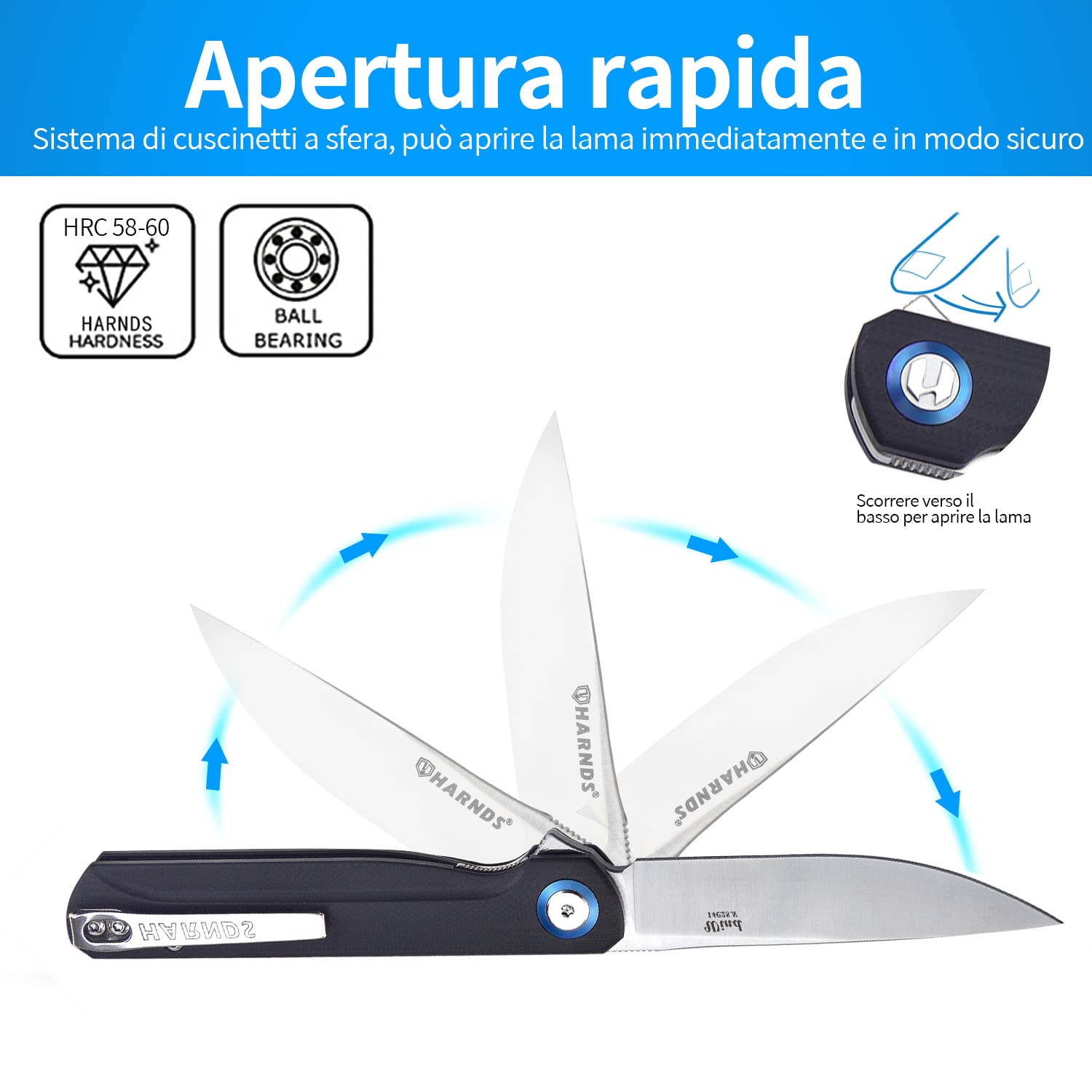 HARNDS Wind Coltello Pieghevole Tascabile Lama in Acciaio Sandvik con Manico G10, Coltello Serramanico Integrato Cuscinetto a Sfere per Caccia, Campeggio, Sopravvivenza(Nero)