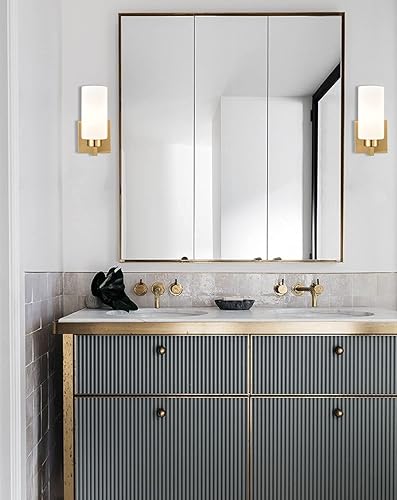 Miniatura 2 de Juego de 2 lámparas de pared modernas de latón para tocador de baño con pantalla cilíndrica blanca lechosa de cristal