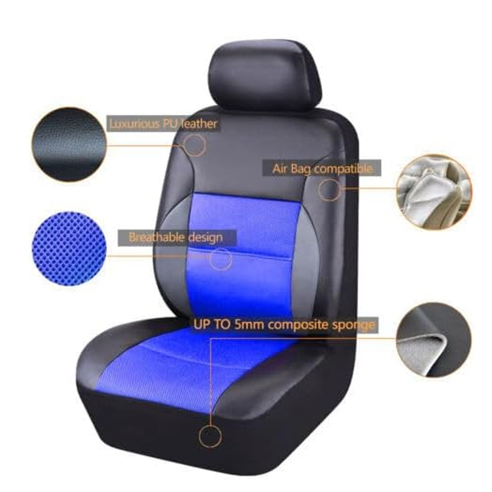 Housses Siège Auto Peugeot 208 (2012-2025) - Cuir PU Avant & Arrière - Respirant - Compatible Airbags - Gris/Noir