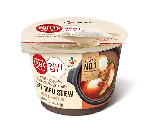 CJ Tazbahn - Cuenco de arroz cocido con guiso de tofu suave, picante, apto para microondas, 6.1 onzas (paquete de 6), 6 unidades
