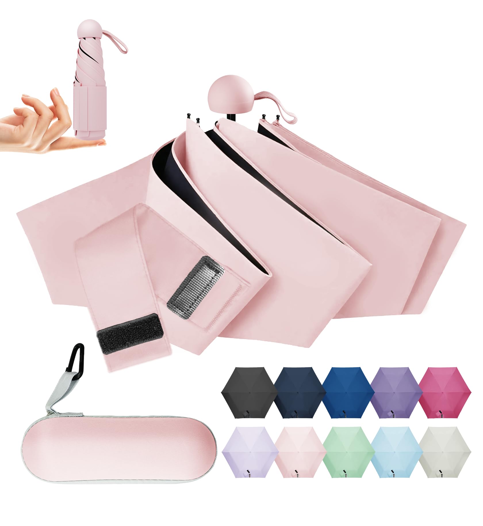 LILAC Mini Regenschirm Leicht & Kompakt, UPF 50+ UV-Schutz Taschenschirm für Damen Herren & Kinder, Kleiner Reiseschirm mit Hartschalen-Etui & Karabiner, 90cm Spannweite