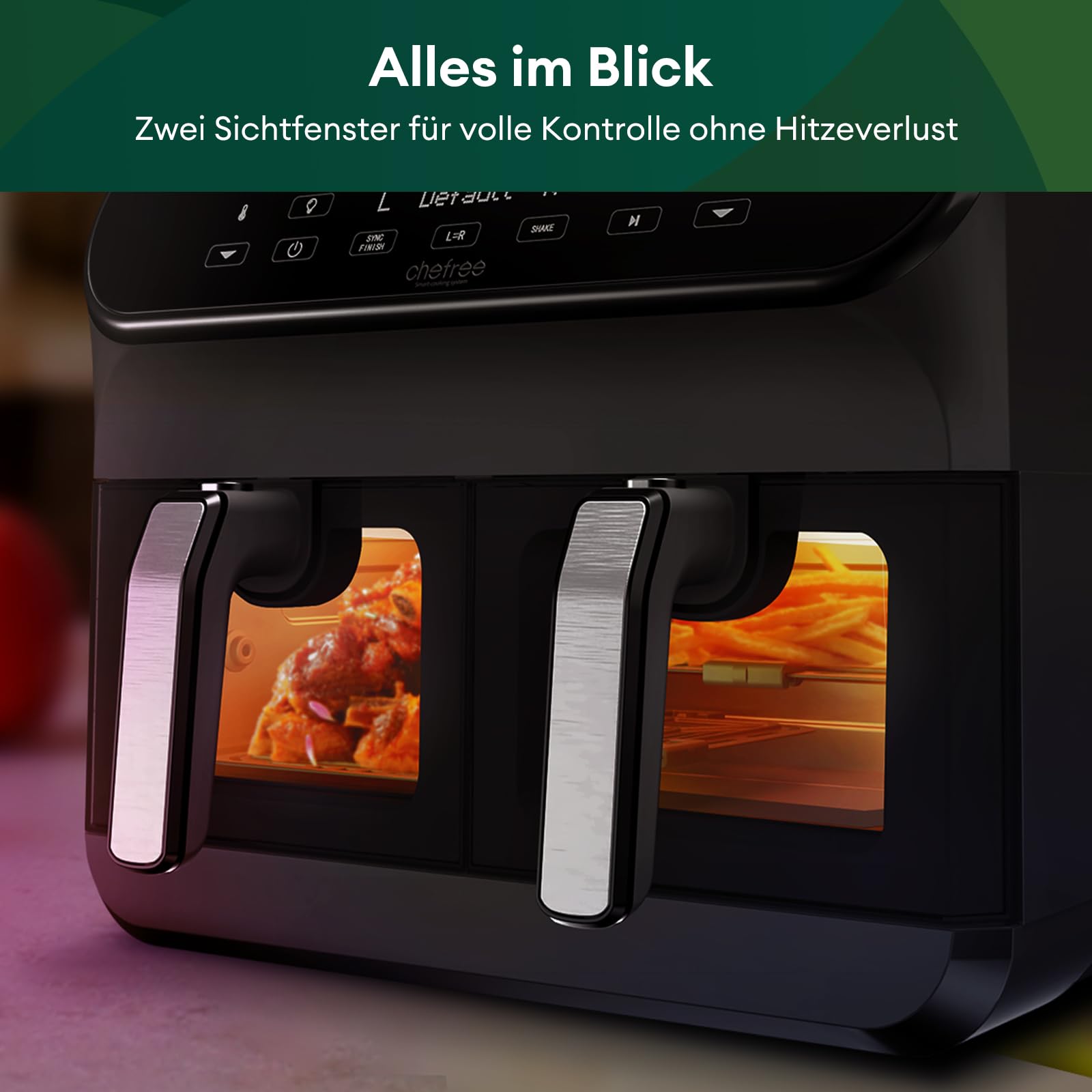 CHEFREE Dual Zone Heißluftfritteuse mit Sichtfenster, 8L XL Kapazität Doppel-Airfryer,LED-Touchscreen,Antihaftbeschichtung, 8-in-1 ,Smart und Timer-Funktion,spülmaschinenfeste Körbe,Schwarz,AFW20