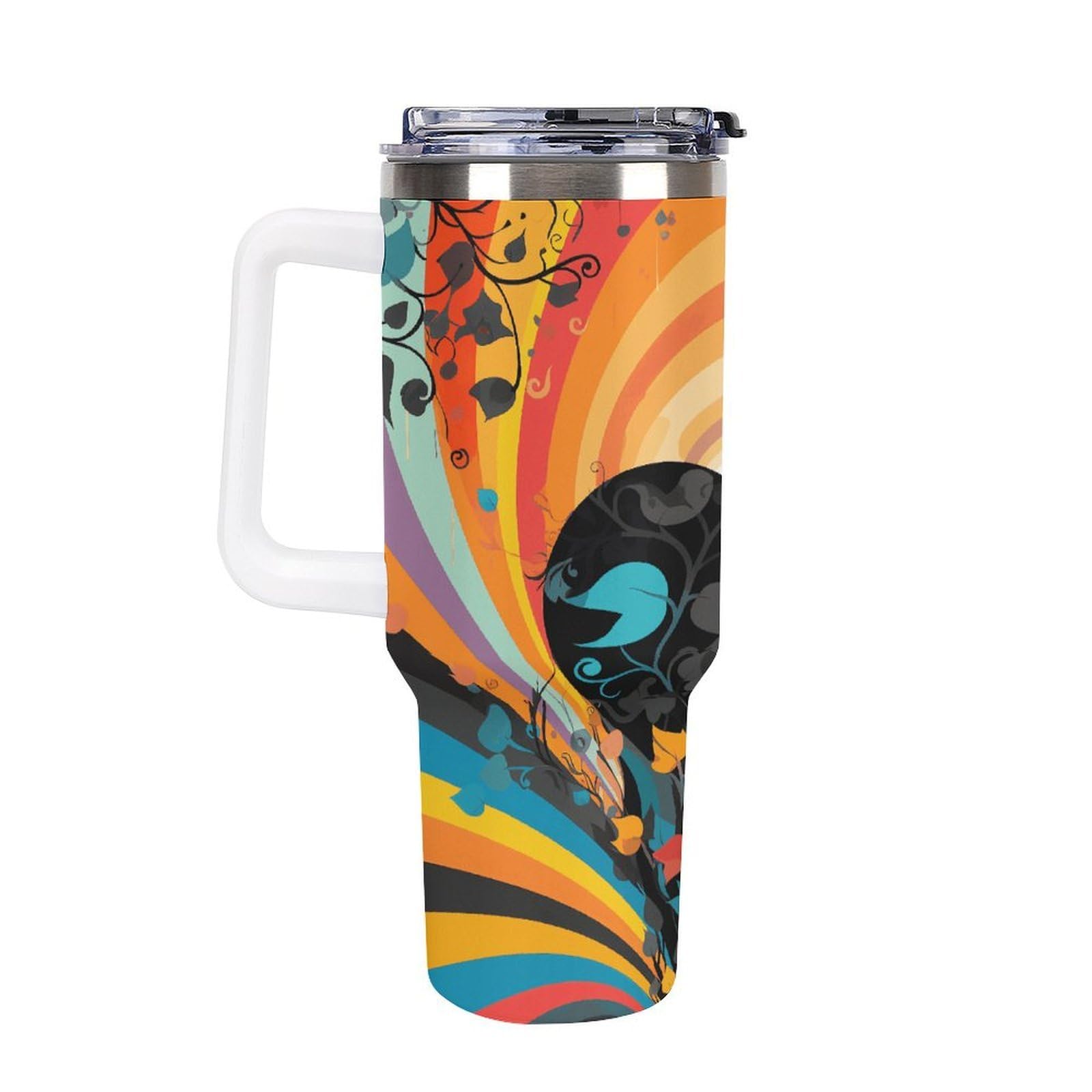 Tazza da caffè da viaggio in vetro colorato fantasia riutilizzabile durevole in acciaio inossidabile isolato con manico e cannuccia resistente alle perdite, tazza termica portatile, regalo per