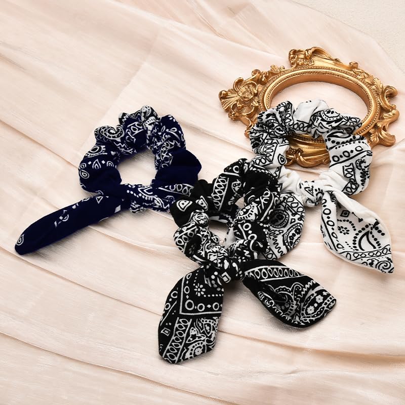 Scrunchy Hair Ties Bandana Hair Bow Ribbons for Women Bunny Ear Scrunchies for Women Girls 3Pcs Paisley Ponytail Holders - Image 6
