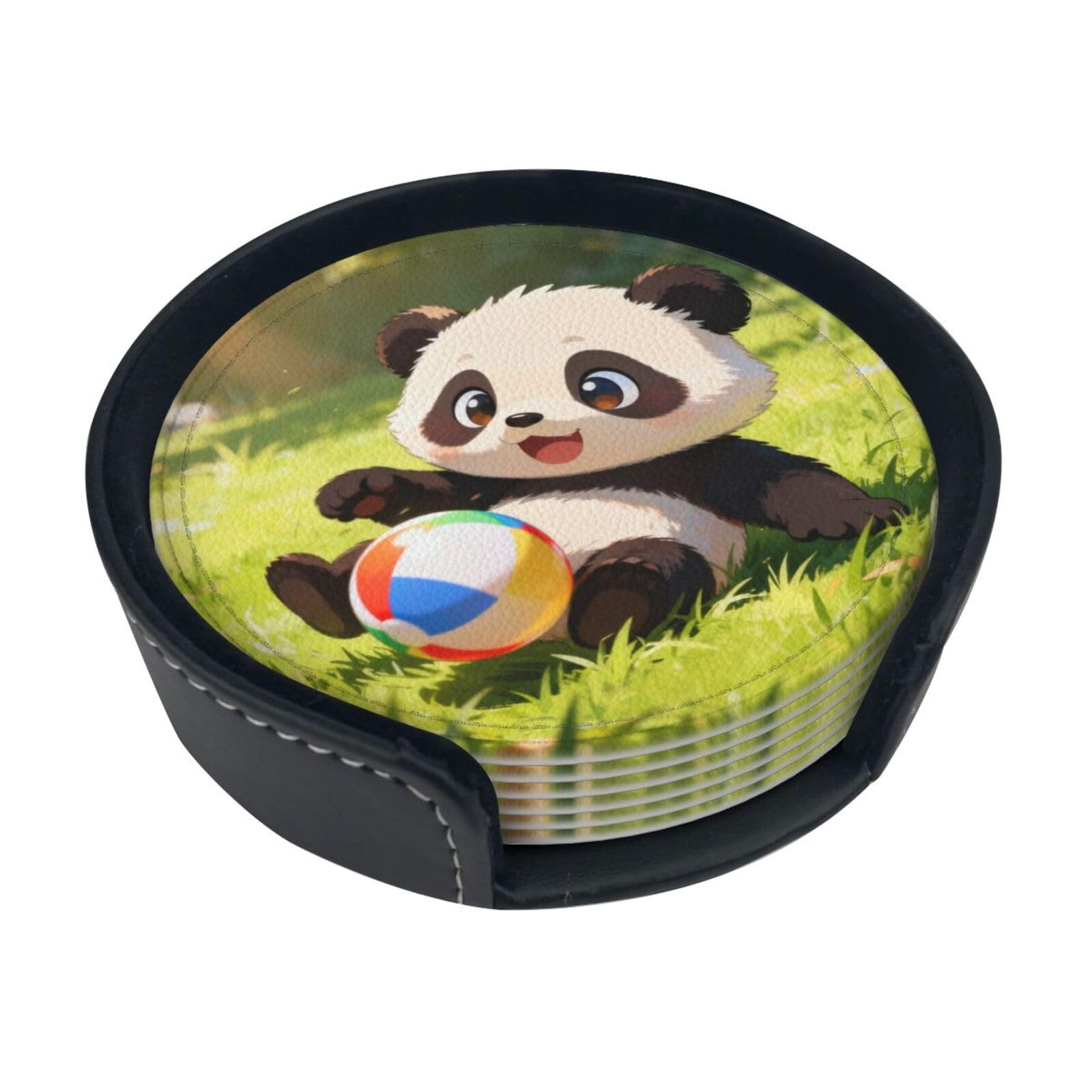 Cntdbu White Panda Play Ball Leather Coasters Set Of 6-Pu Leather Drink Mats For Table, Heat Resistant Round Coasters With Holder