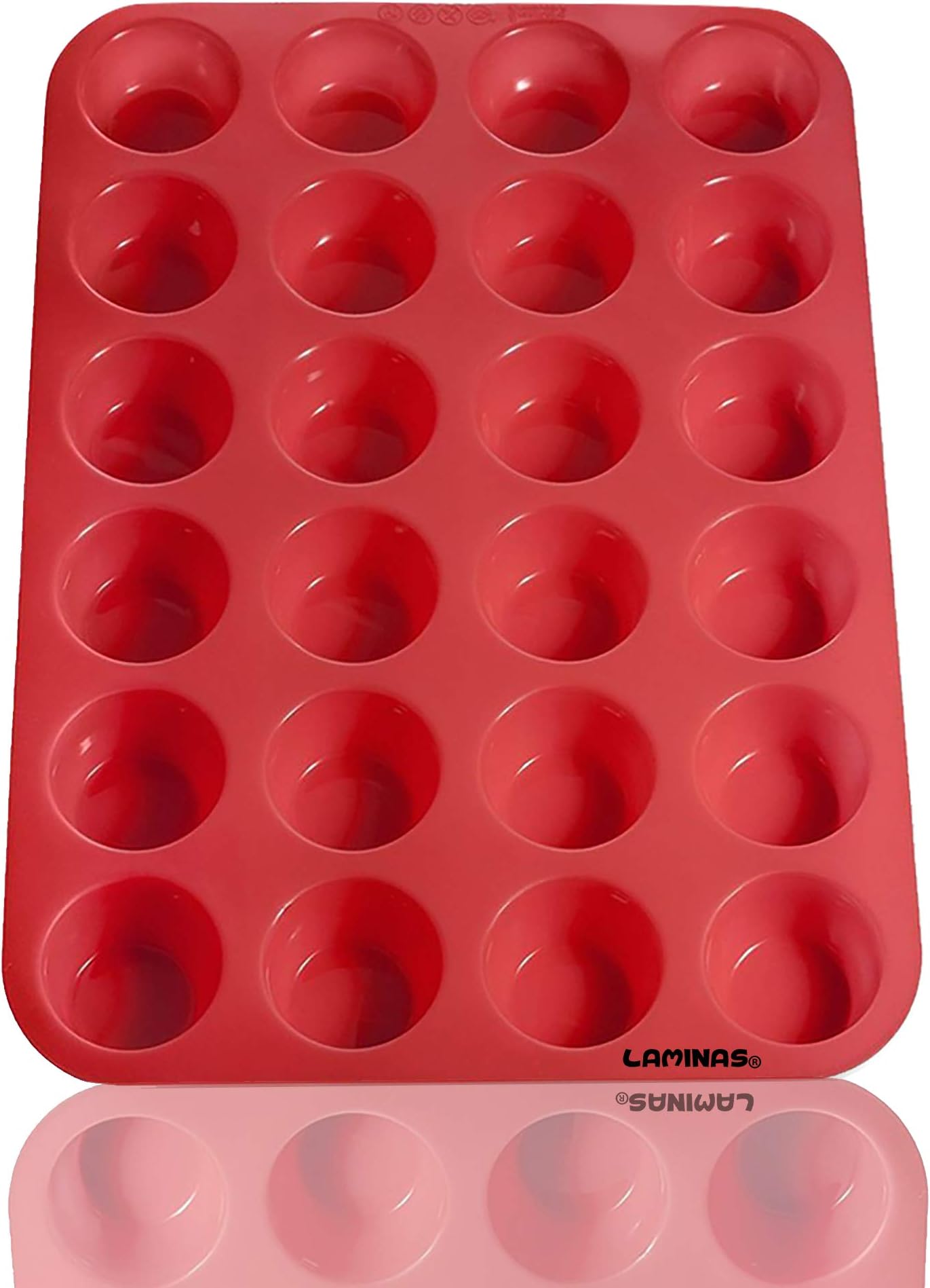 Laminas Silicone Mini Muffin Cupcake Baking Pan 24 Cup Size, BPA Free, Non Stick, Easy to Clean, Oven/Microwave/Dishwasher/Freezer Safe, Heat Resistant Up to 450F, Red - Plus Free Recipe eBook