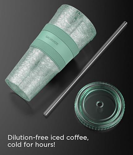 Miniatura 5 de GALVANOX Taza de café helado congelable con tapa y popote (20 onzas), vaso térmico reutilizable con funda de agarre (verde)