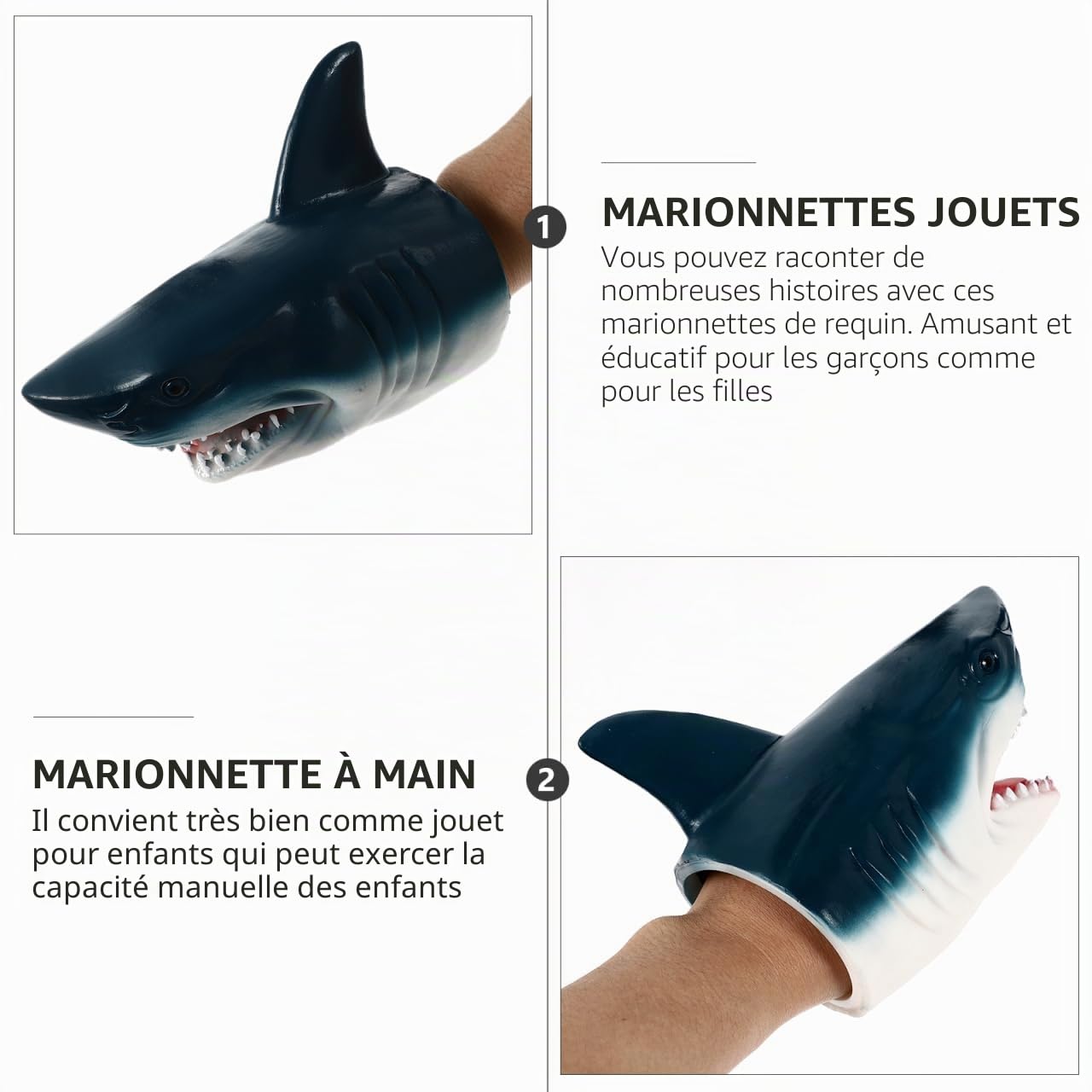 Toyvian Marionnettes Requin - 2 Pièces Tête de Requin Réaliste en Caoutchouc Souple de Jeu de Rôle pour Enfants Jouet Éducatif pour Histoires Spectacles et Anniversaires