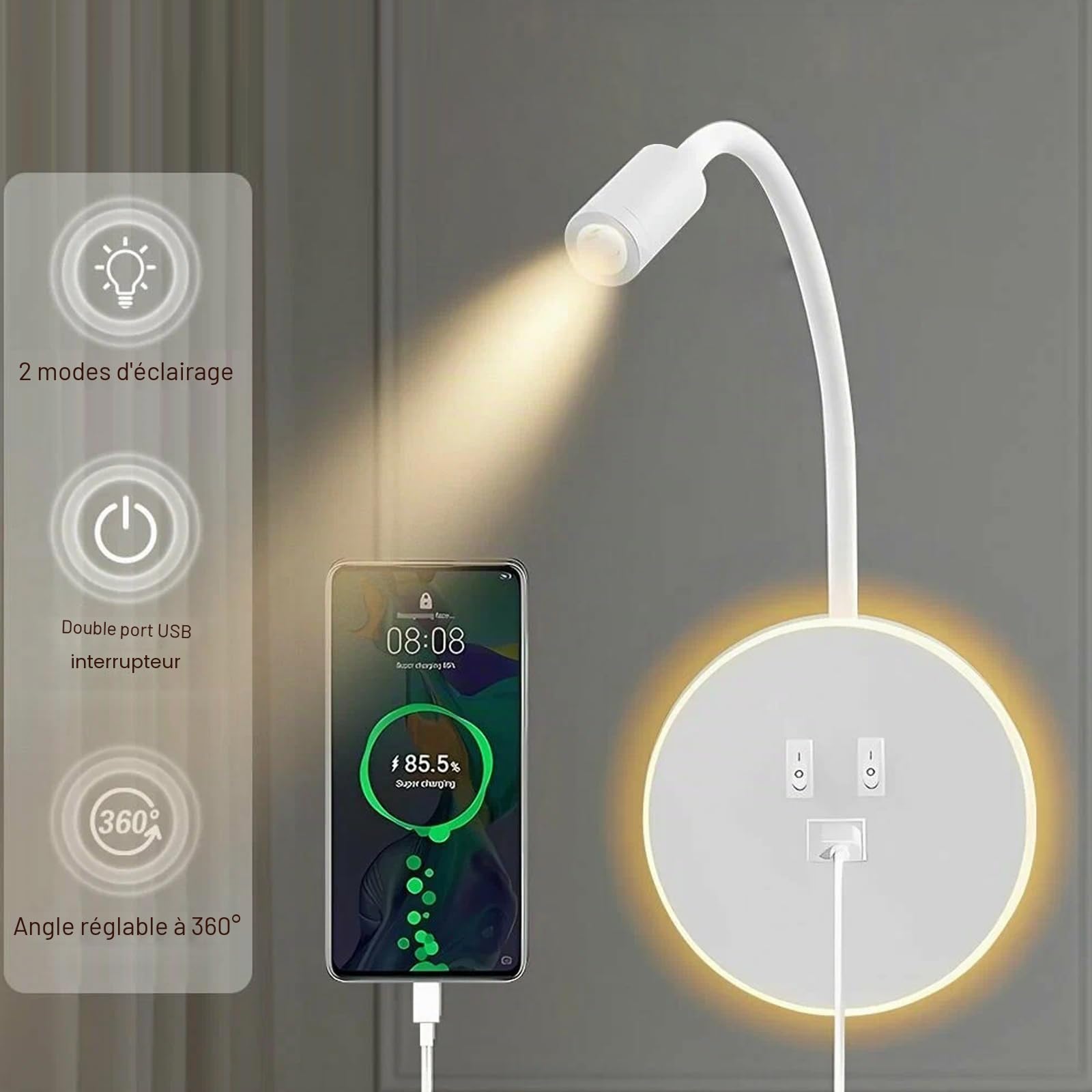 GOMETY Lampe de Lecture Murale, Lampe Blanche à Col de Cygne Pivotant à 360° avec Prise, Chevet à Intensité Variable, Applique Murale LED pour Chambres, Hôtels et Tables de Nuit