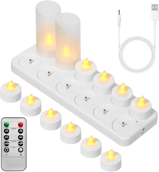 12 Pièces Bougie LED Rechargeable, Bougie Chauffe Plat LED Télécommandes et Minuterie, Fausses Bougies à LED avec USB-C Station de Charge pour Décoration de Noël, salle de Bains, Mariage, Anniversair - 2