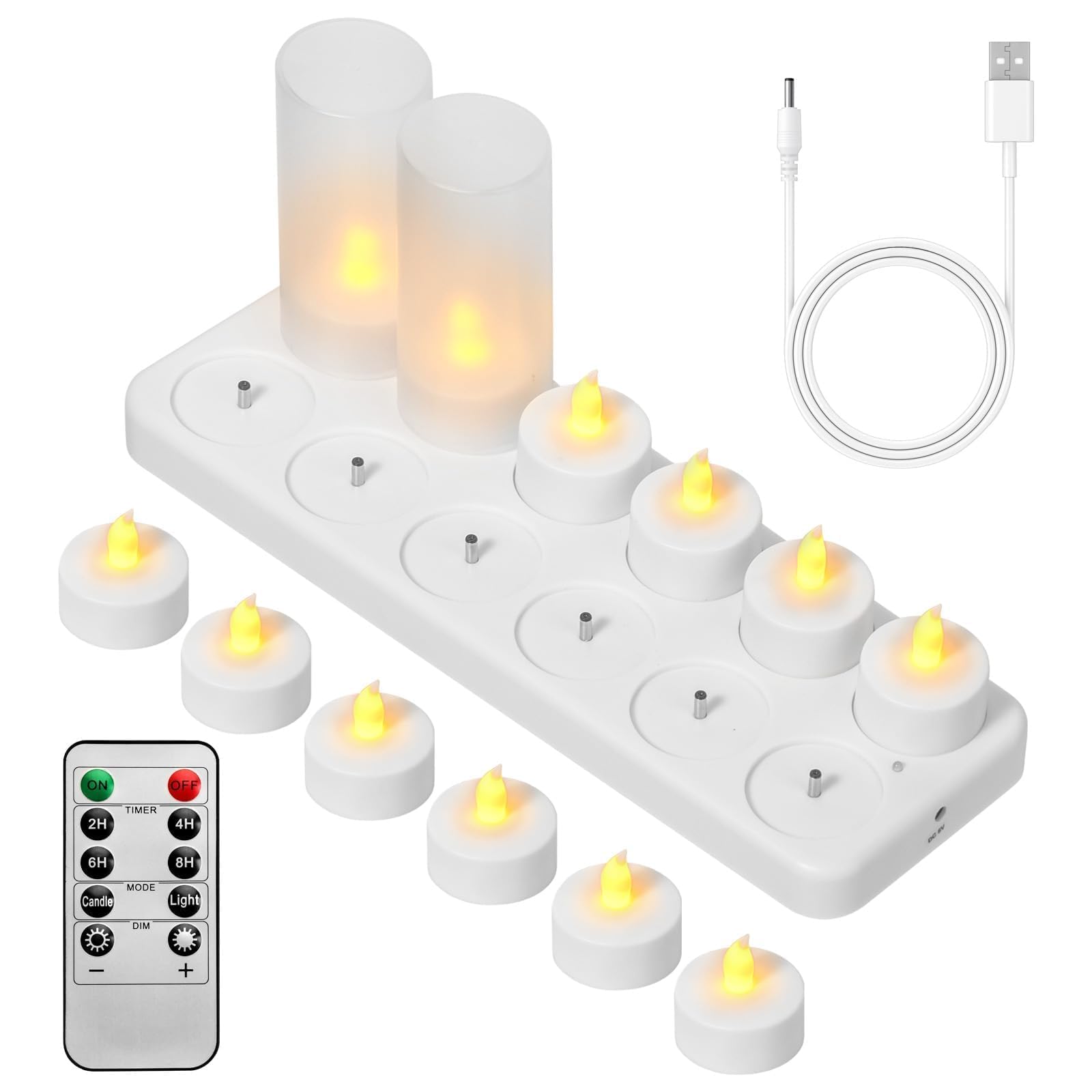 12 Pièces Bougie LED Rechargeable, Bougie Chauffe Plat LED Télécommandes et Minuterie, Fausses Bougies à LED avec USB-C Station de Charge pour Décoration de Noël, salle de Bains, Mariage, Anniversair