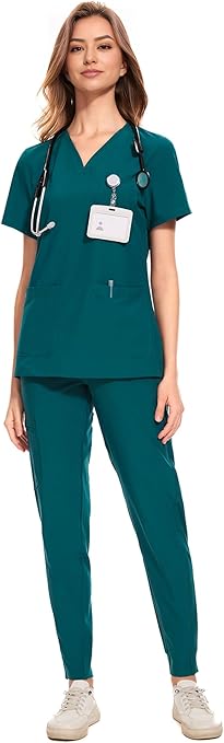 COZYFIT Medical Scrubs for Women Set - Curved V-Neck Scrub Top & Jogger Pants with 8 Pockets