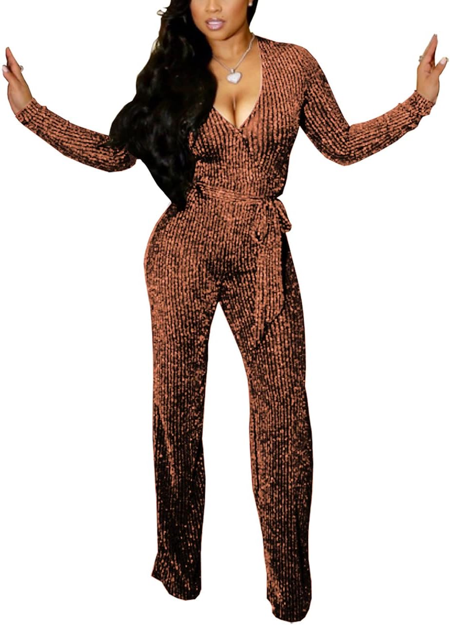 LightlyKiss Women Casual Sexy V Neck Sparkly Jumpsuits Long Sleeve Onesie Loose Pants Party Clubwear with Belt - Image 4