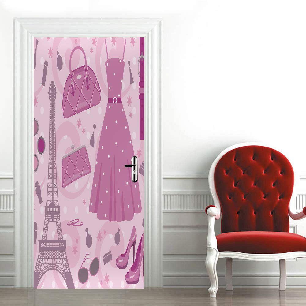 Stickers muraux porte 3D papier peint autocollant 93x205 cm rose et fille